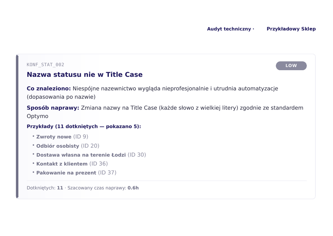 Optymo Audytor - przykładowe znalezisko w raporcie z opisem i sposobem naprawy