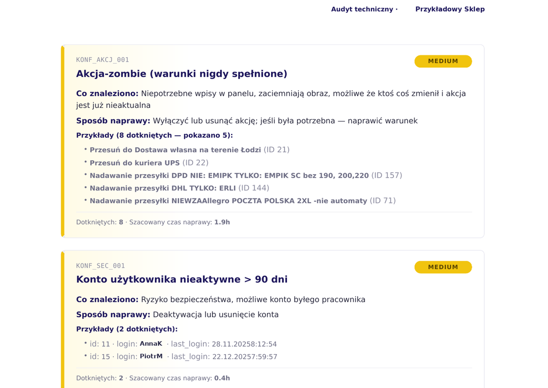 Optymo Audytor - znaleziska konfiguracji: akcja-zombie i nieaktywne konto użytkownika