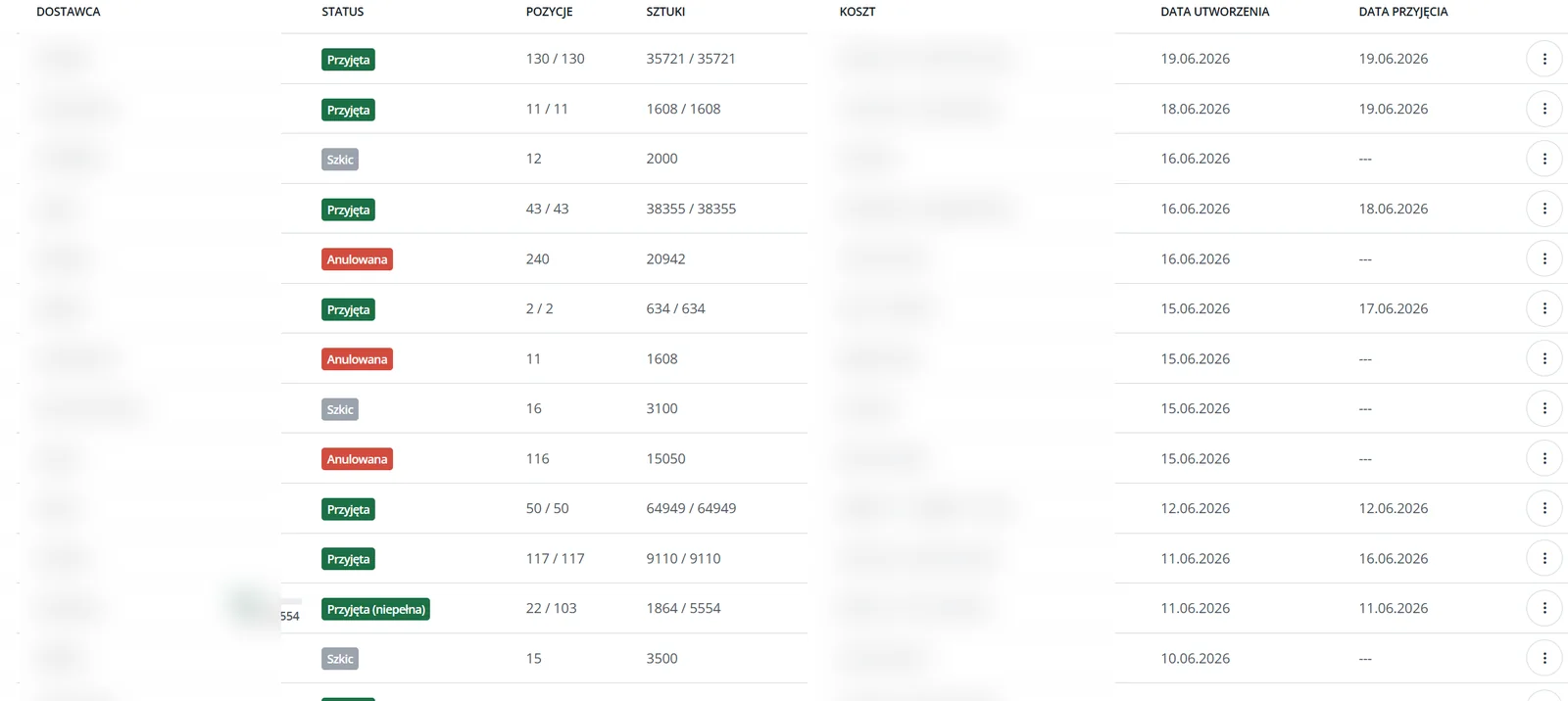 Lista dokumentów przyjęć od dostawców w Base - statusy, pozycje, sztuki